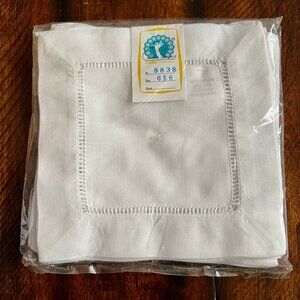 12 White Linen Hemstitch Cocktail Napkins NIB